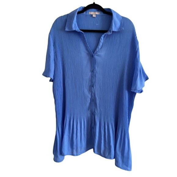 Woman Within Button Front Short Sleeve Blouse Accordion Pleats Blue Size L 18/20 - Picture 1 of 7